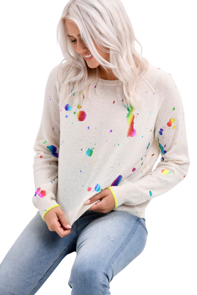 Brodie Rainbow Foil Shout Out Cashmere Sweat Top- Organic White - Styleartist