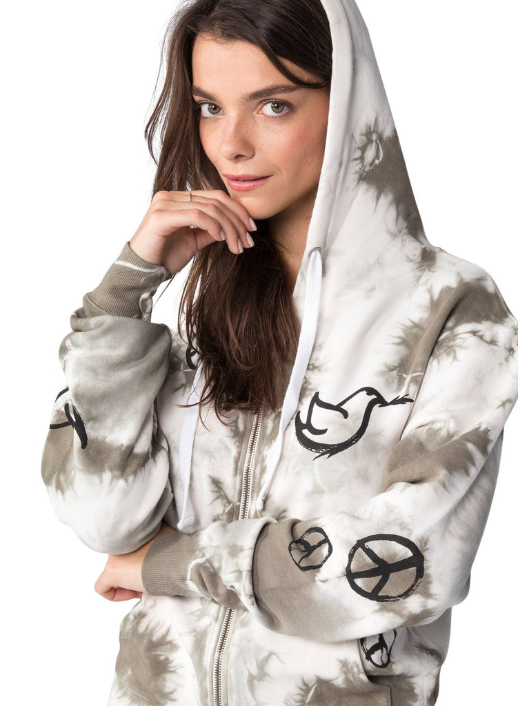 CHRLDR All-Over Peace Signs Kangaroo Zip Up Hoodie- Olive Cloud - Styleartist