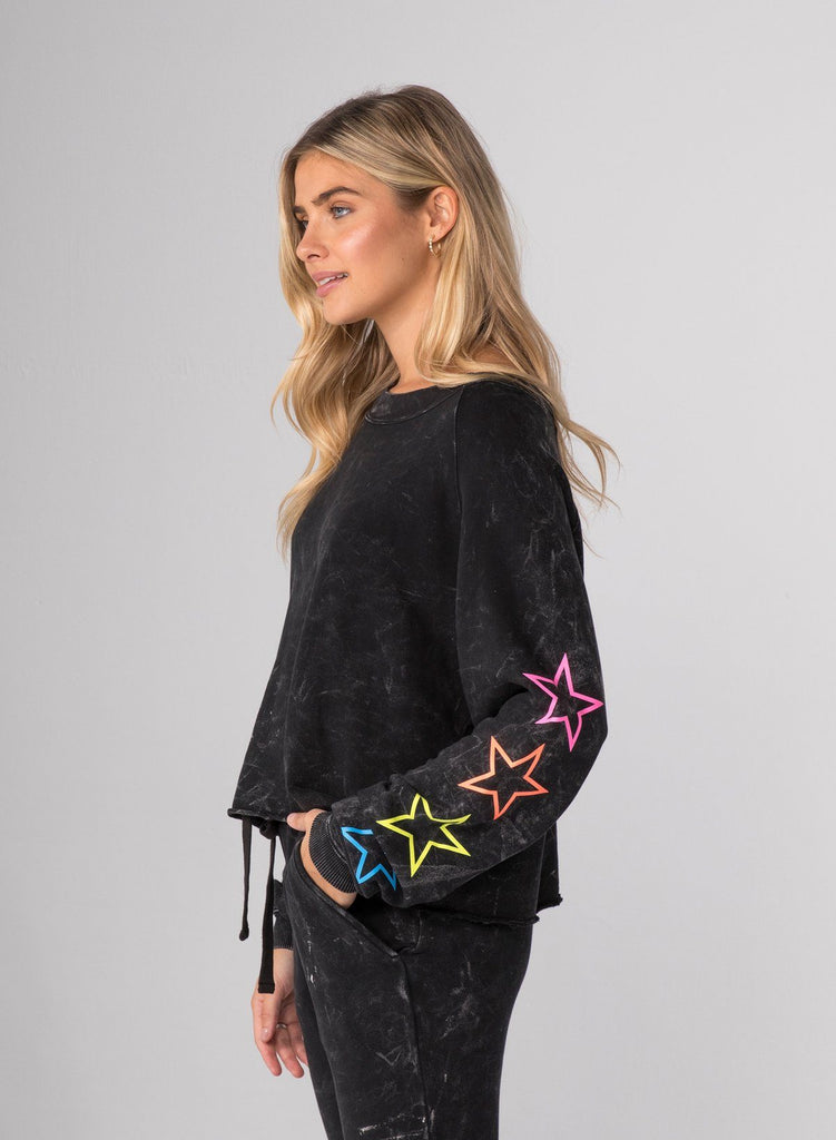 CHRLDR Neon Outline Stars Crop Boatneck Sweatshirt- Mineral Black - Styleartist