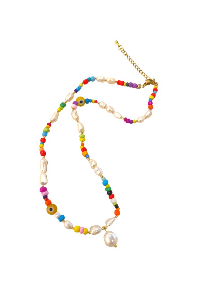 Colourful Evil Eye & Pearl Necklace - Styleartist