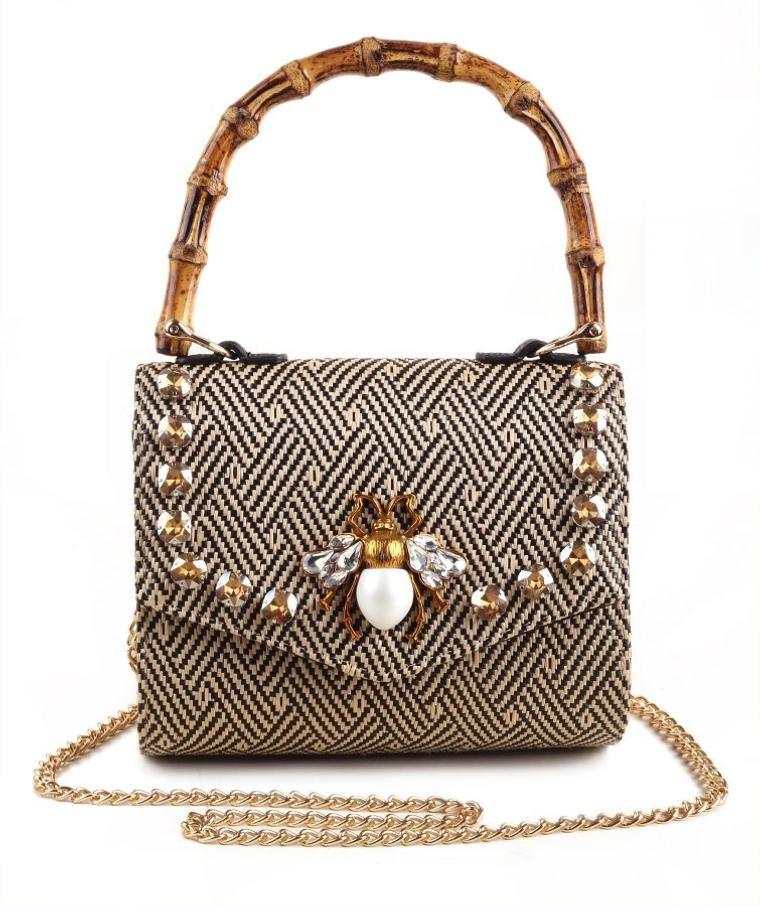 Crystal Bee Straw Crossbody Bag with Bamboo Handle - Styleartist