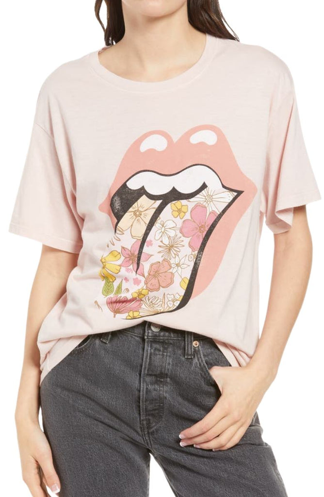Daydreamer Rolling Stones Flower Tongue Boyfriend Graphic Tee - Blush - Styleartist