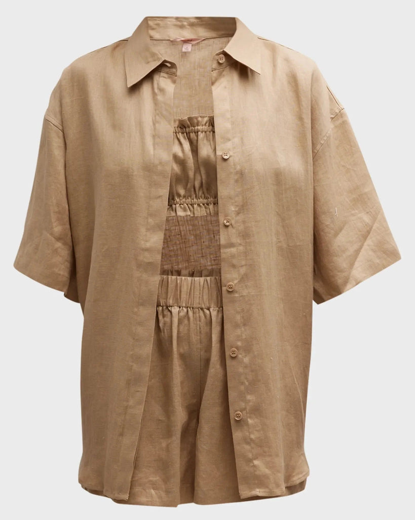 Eberjey Linen Oversize Button Down Shirt- Khaki - Styleartist