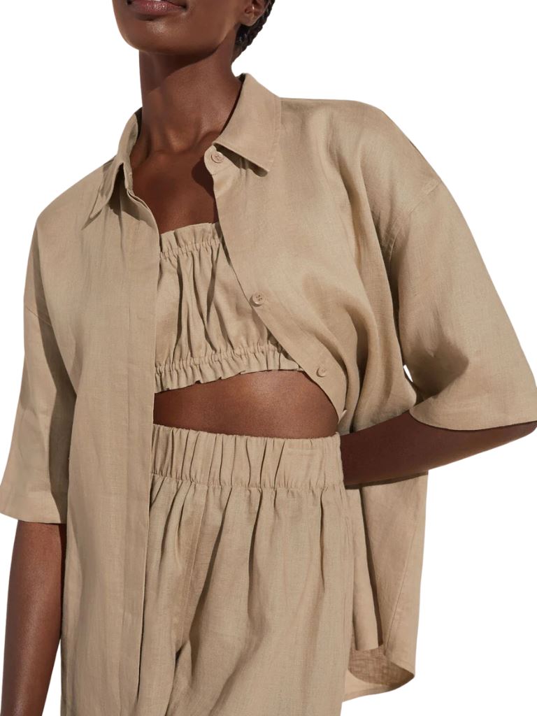 Eberjey Linen Oversize Button Down Shirt- Khaki - Styleartist