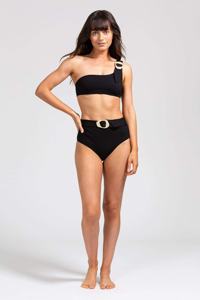 Eberjey Pique Dita High Waist Bikini Bottom With Buckle - Black - Styleartist