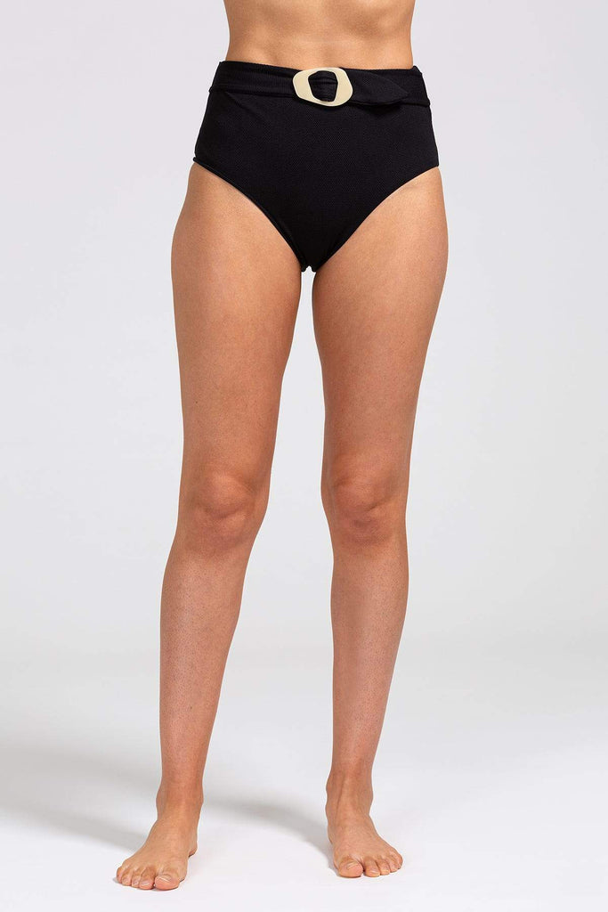 Eberjey Pique Dita High Waist Bikini Bottom With Buckle - Black - Styleartist