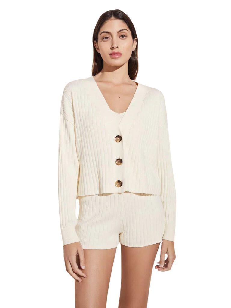 Eberjey Recycled Sweater Wide Rib Cropped Cardigan - Ivory - Styleartist