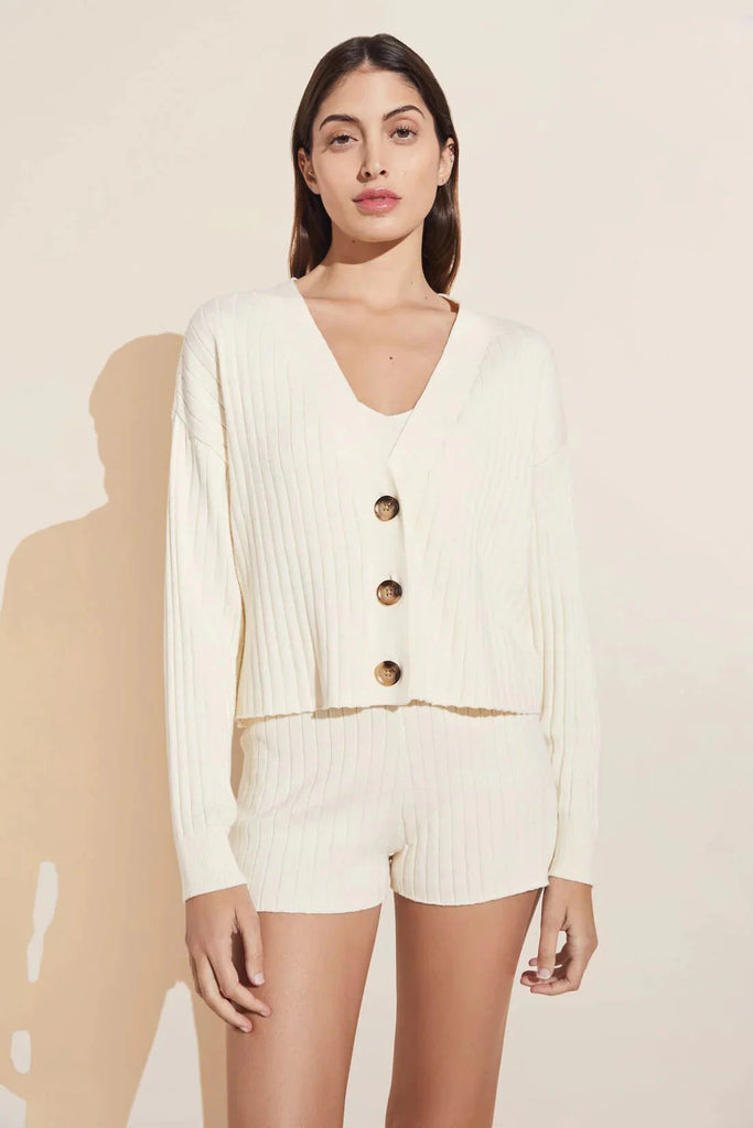 Eberjey Recycled Sweater Wide Rib Cropped Cardigan - Ivory - Styleartist