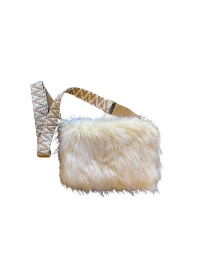 Faux Fur Crossbody with Guitar Strap- Cream - Styleartist