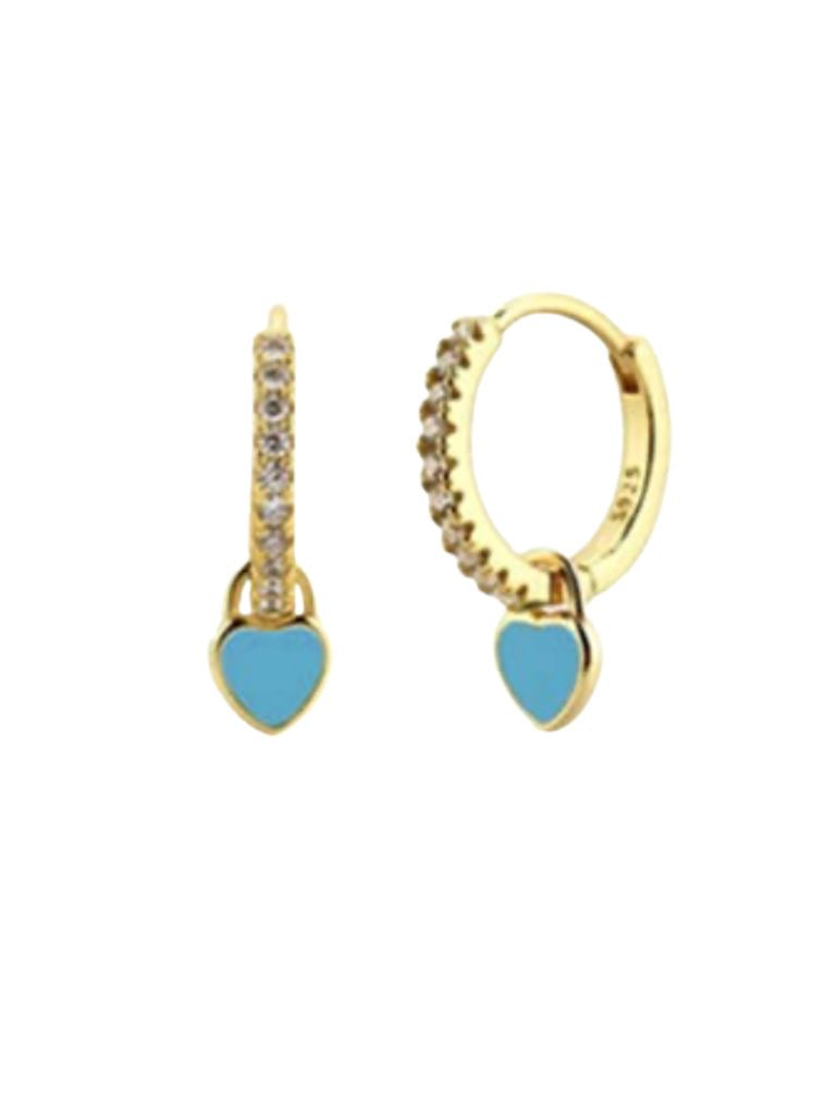 Gold Hoop Earrings With Blue Heart Charm - Styleartist