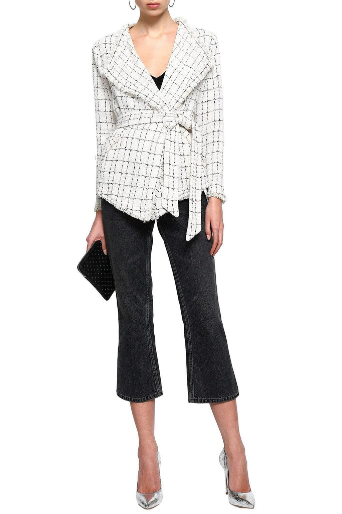 IRO Belted frayed checked cotton-blend tweed jacket - White/Black - Styleartist