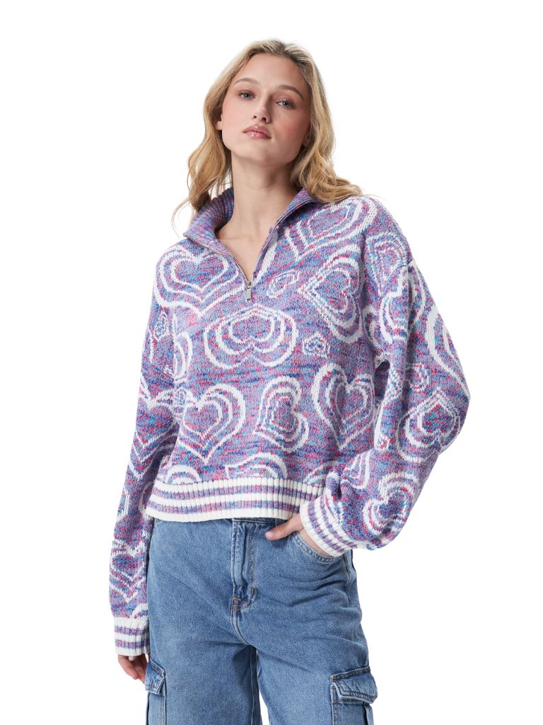John & Jenn Royce Quarter Zip Sweater with Hearts Design- Purple Rhapsody - Styleartist