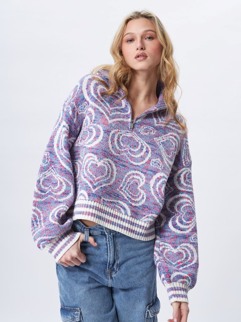 John + Jenn Royce Quarter Zip Sweater with Hearts Design- Purple Rhapsody - Styleartist