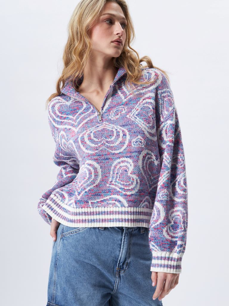John & Jenn Royce Quarter Zip Sweater with Hearts Design- Purple Rhapsody - Styleartist