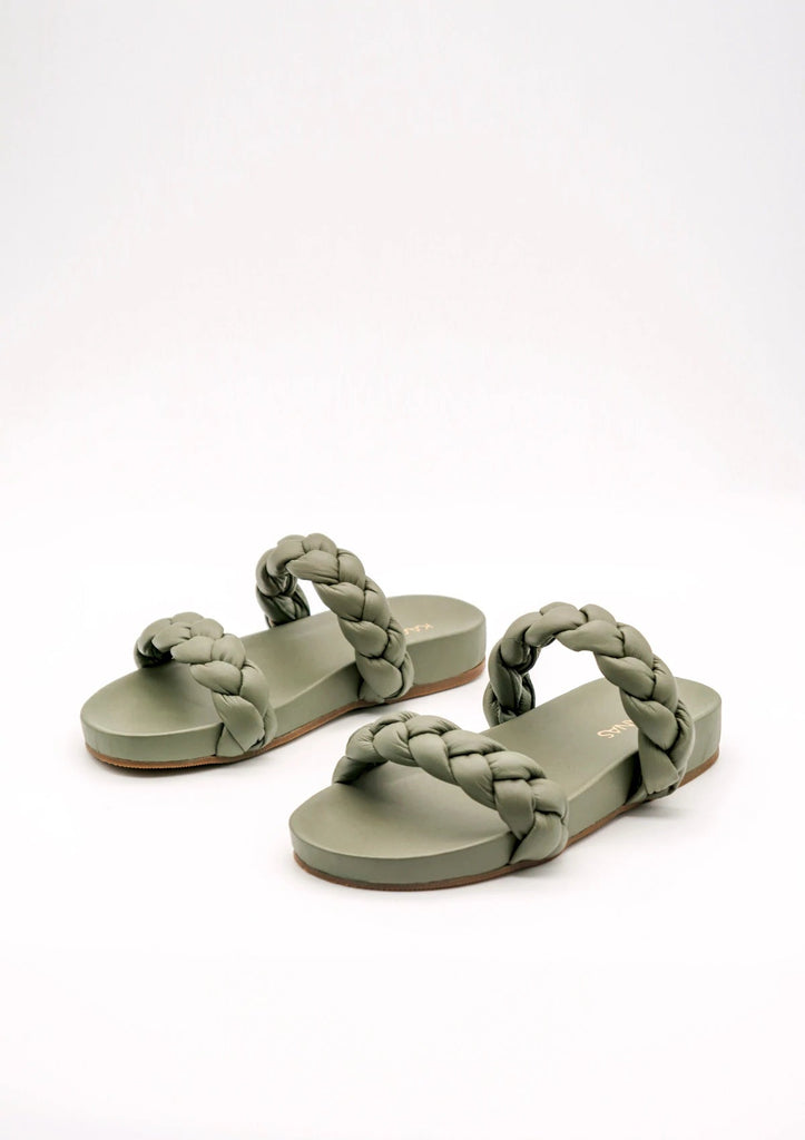 Kaanas Coco Leather Pool Slide Sandal- Olive - Styleartist