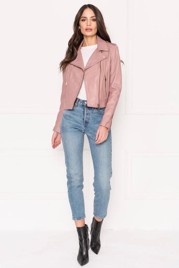 Lamarque Donna Signature Leather Biker Jacket - Dusty Pink - Styleartist