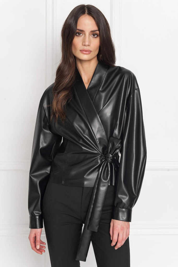 La Marque Rey Faux Leather Wrap Top- Black - Styleartist