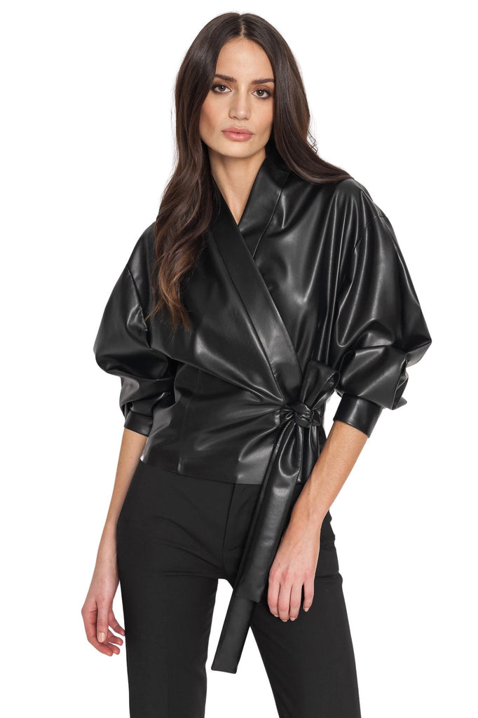 La Marque Rey Faux Leather Wrap Top- Black - Styleartist