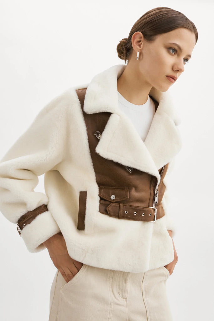 Lamarque Elody Mixed Media Faux Fur Jacket- Ivory Brown - Styleartist