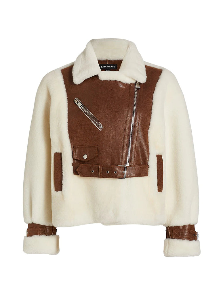 Lamarque Elody Mixed Media Faux Fur Jacket- Ivory Brown - Styleartist