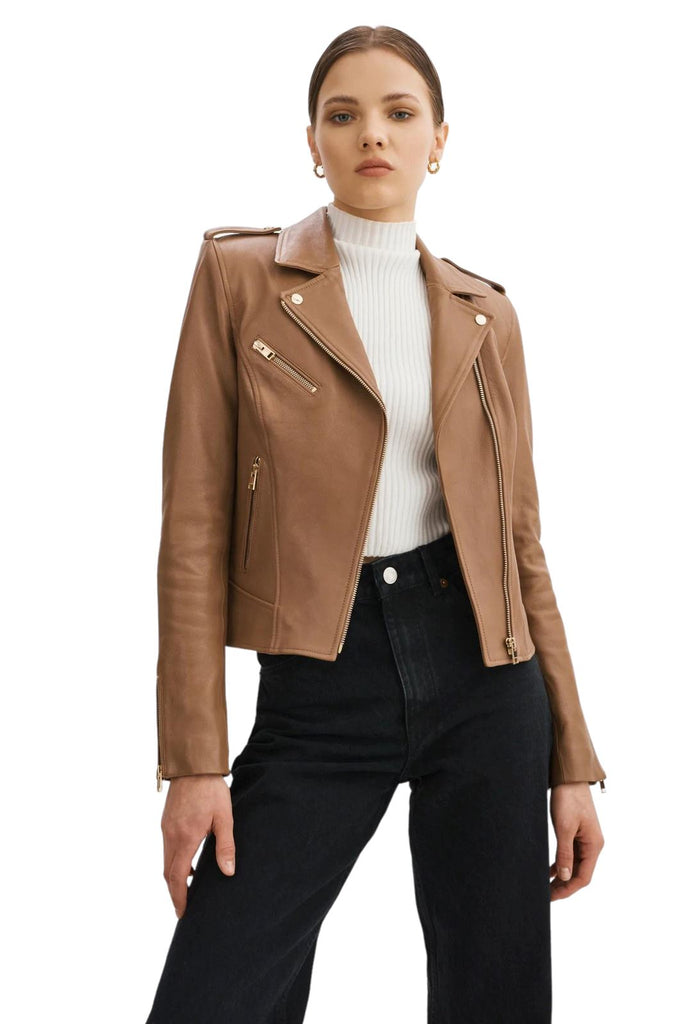 Lamarque Mellie Leather Biker Jacket- Mink Brown - Styleartist