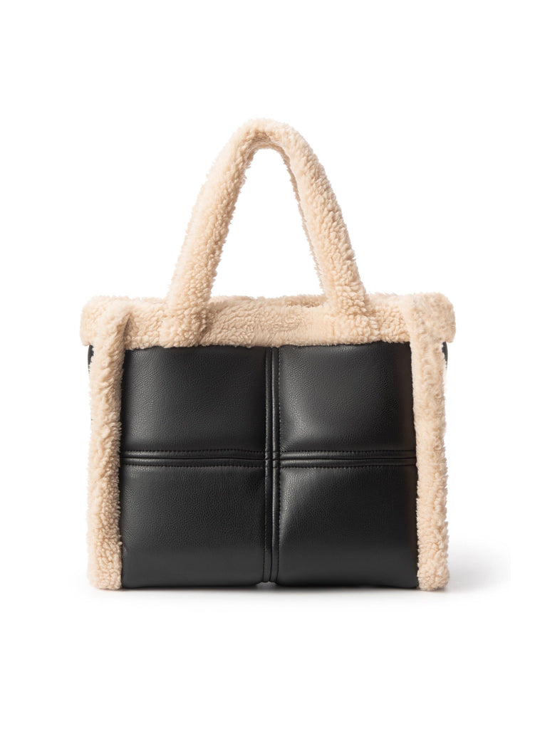 Lamarque Zoey Sherpa Fleece Trim Tote Bag- Black/Ivory - Styleartist