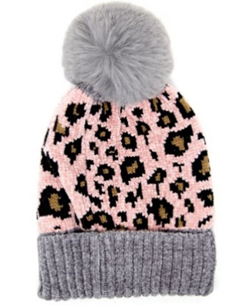 Leopard Toque with Pom Pom- Grey/Pink - Styleartist