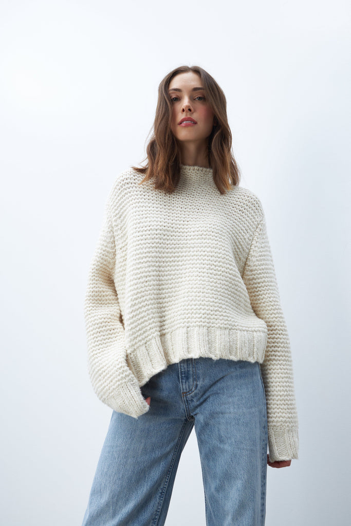 Line Annabelle Mock Neck Cotton Blend Sweater- White Lotus - Styleartist