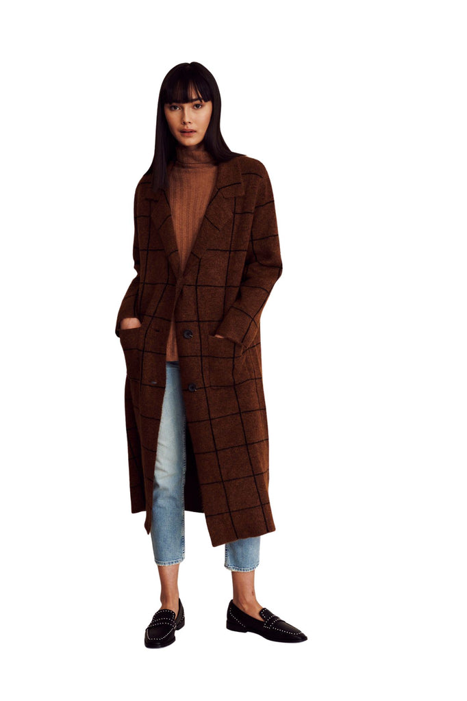 Line Brita Plaid Long Sweater Coat - Butterscotch - Styleartist