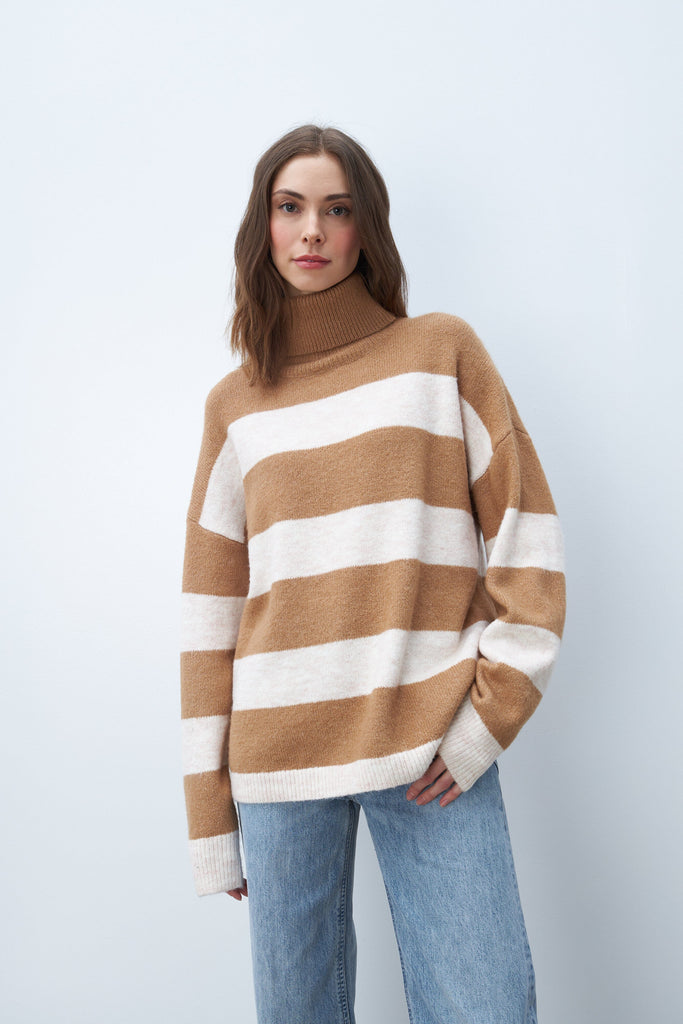 Line Bronx Turtleneck Striped Sweater- Cafe Au Lait - Styleartist