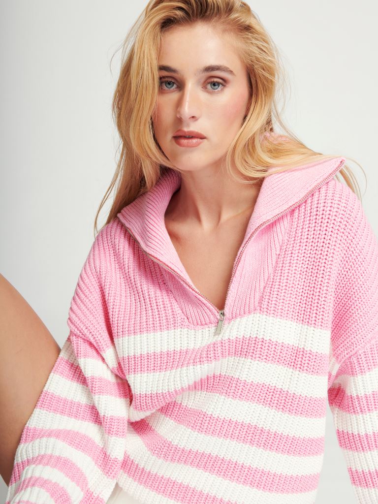 Line Chanel Quarter Zip Cotton Striped Sweater- Candy Floss - Styleartist