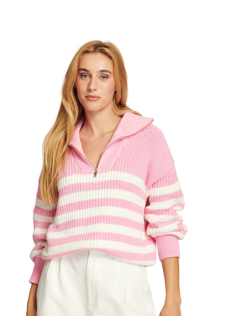 Line Chanel Quarter Zip Cotton Striped Sweater- Candy Floss - Styleartist
