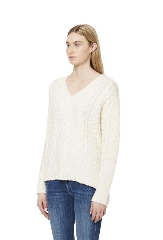 Line Florence Cable Knit V Neck Sweater - Snowfall - Styleartist