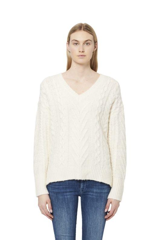 Line Florence Cable Knit V Neck Sweater - Snowfall - Styleartist
