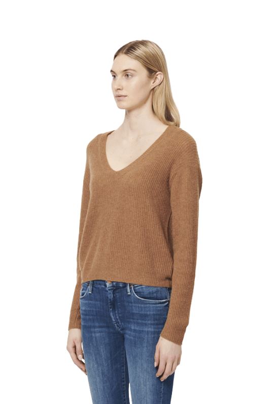 Line Rose Knit V Neck Cashmere Sweater - Cumin - Styleartist