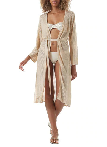 Melissa Odabash Rosie Knit Belted Short Kaftan- Gold - Styleartist