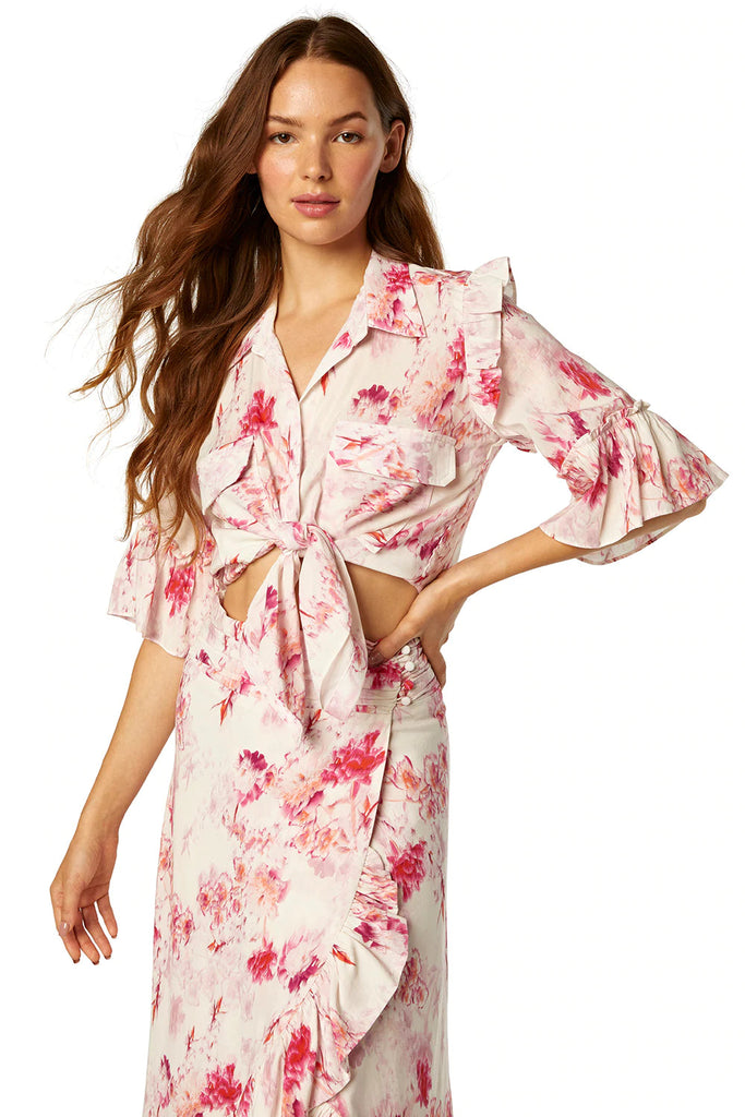 MISA Ana 3/4 Sleeve Floral Tie Blouse- Pink Floral - Styleartist