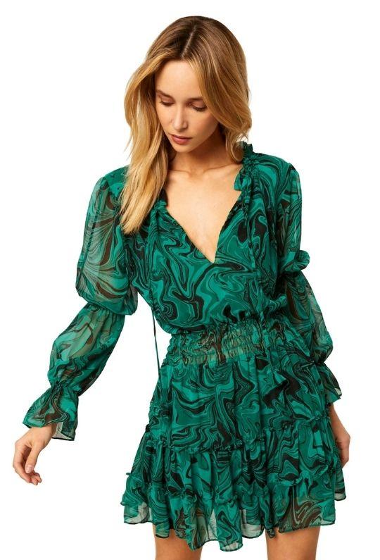 Misa Ella Long Sleeve Mini Chiffon Dress - Printed Green - Styleartist