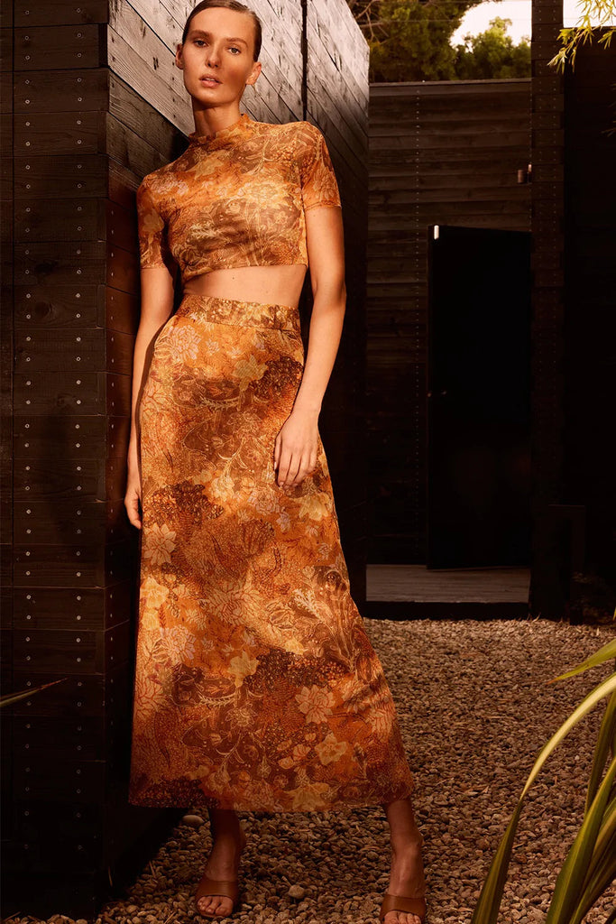 Misa Rumer Printed Mesh Crop Top- Golden Batik - Styleartist