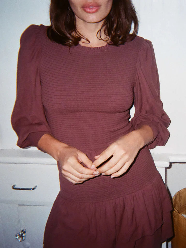 Nation Abby Smocked Peplum Mini Dress- Pinot Noir - Styleartist