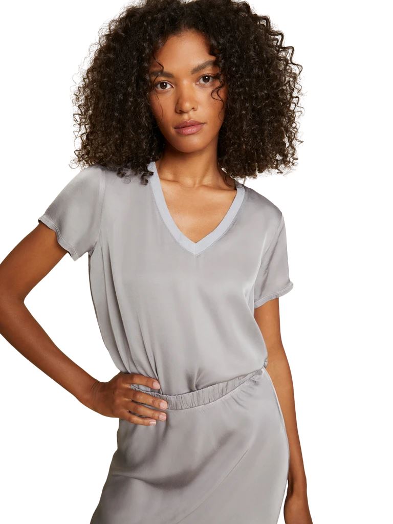 Nation June Sateen V Neck Tee- Silver - Styleartist