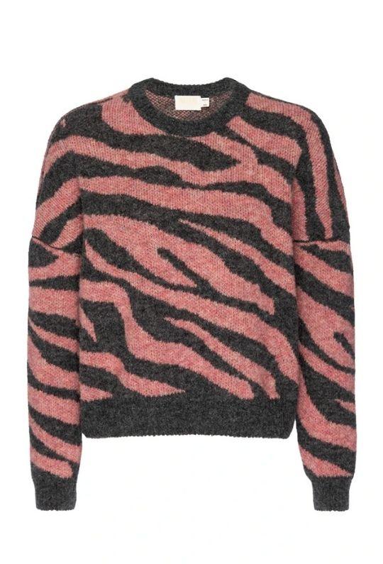 Nation Lizzy Zebra Jacquard Crew Neck Sweater - French Pink Zebra - Styleartist