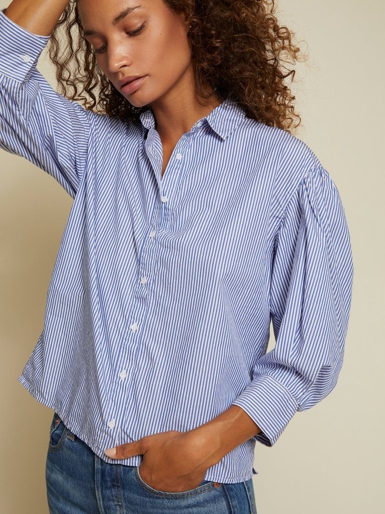 Nation Odessa Balloon Sleeve Button Down Blouse- Banker Stripe - Styleartist