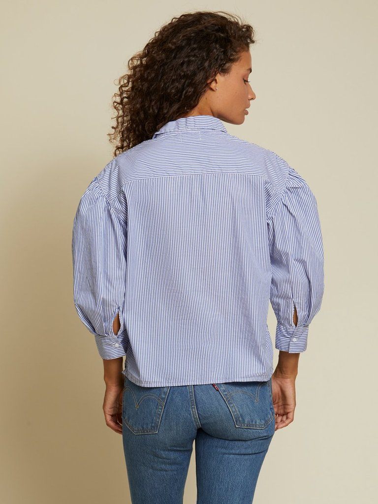 Nation Odessa Balloon Sleeve Button Down Blouse- Banker Stripe - Styleartist
