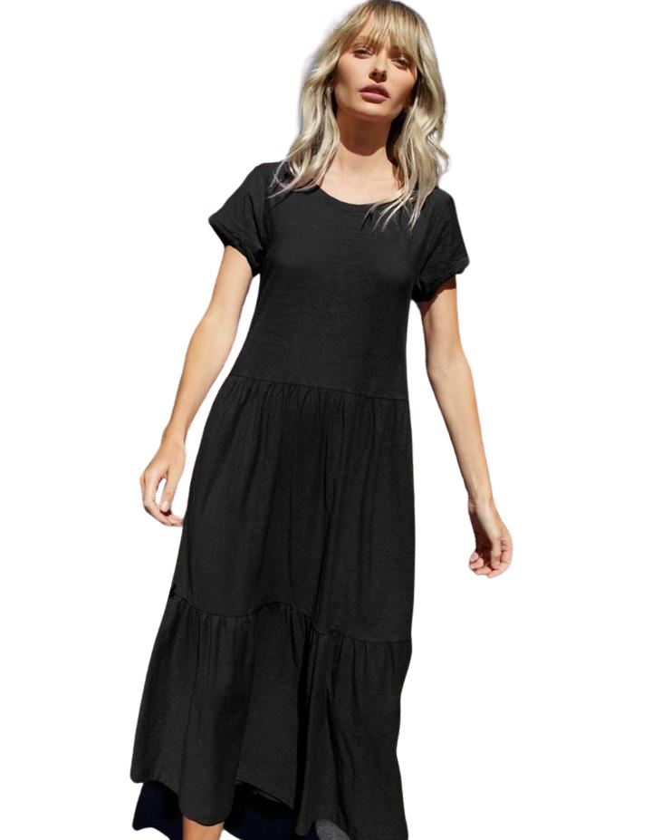 Nation Roman Tiered T-Shirt Dress - Jet Black - Styleartist