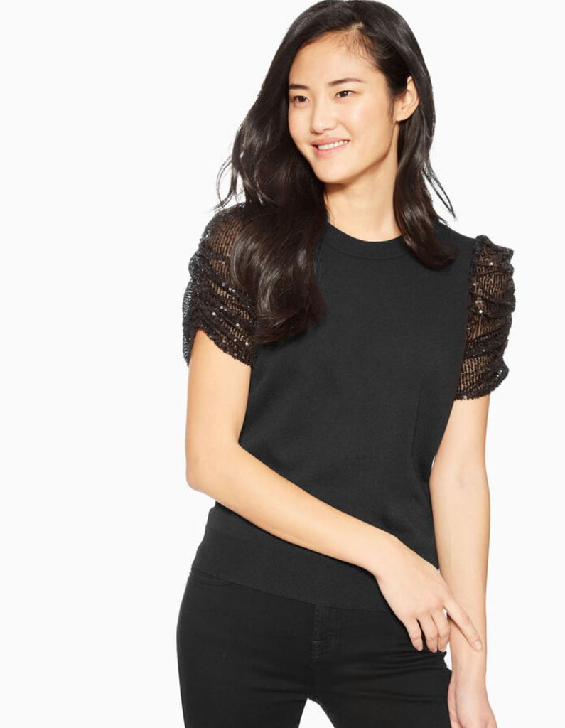 Parker Tash Knit Top with Sequin Sleeve Detail - Black - Styleartist