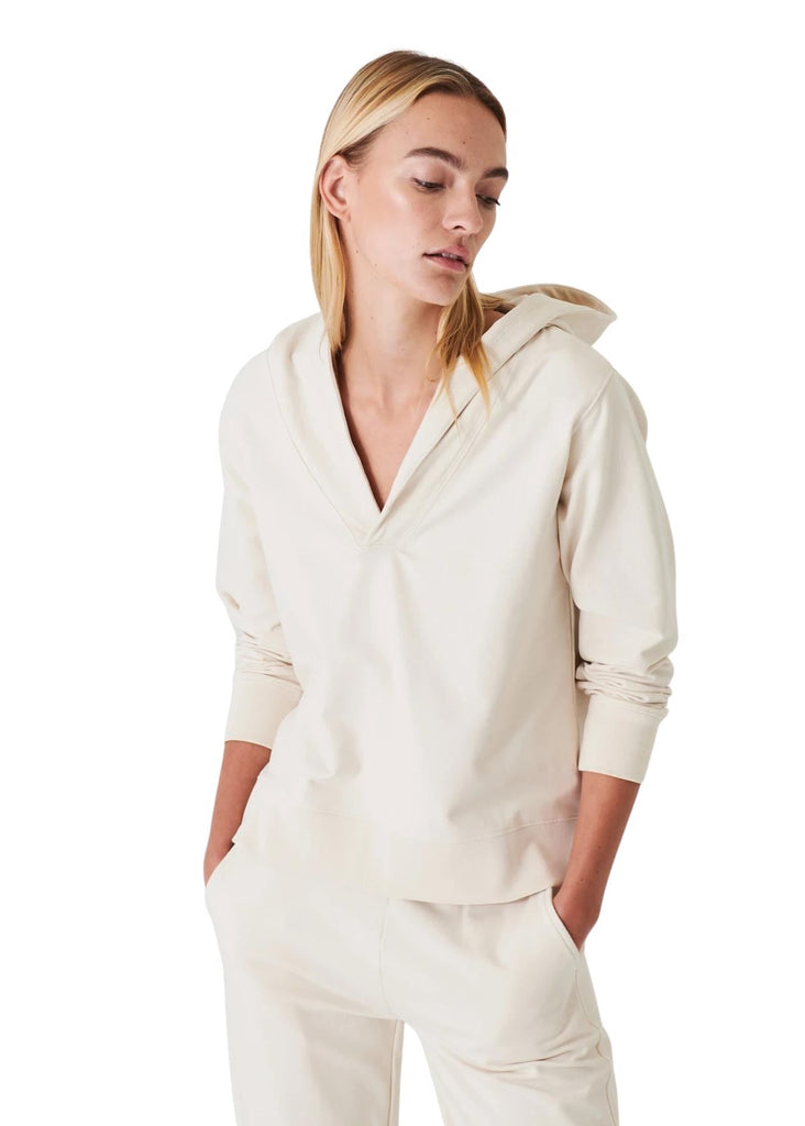 Patrick Assaraf French Terry Deep V Neck Hoodie- Angora - Styleartist