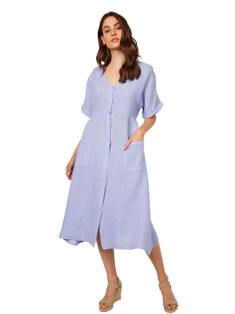 Pistache Button Front Linen Dress With Pockets - Iris - Styleartist