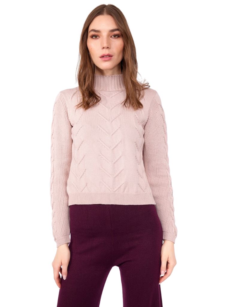 Pistache Embossed Arrow Knit Mock Neck Sweater - Light Pink - Styleartist