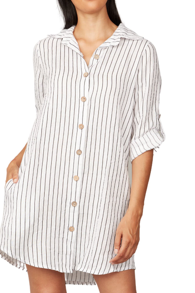 Pistache Linen Button Down Pinstripe Shirt Dress- White with Black - Styleartist